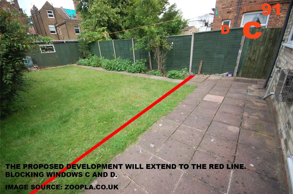 [REDACTED]'s garden marked with a red line showing how far the proposed extension at No. 89 would extend, directly in front of windows C and D