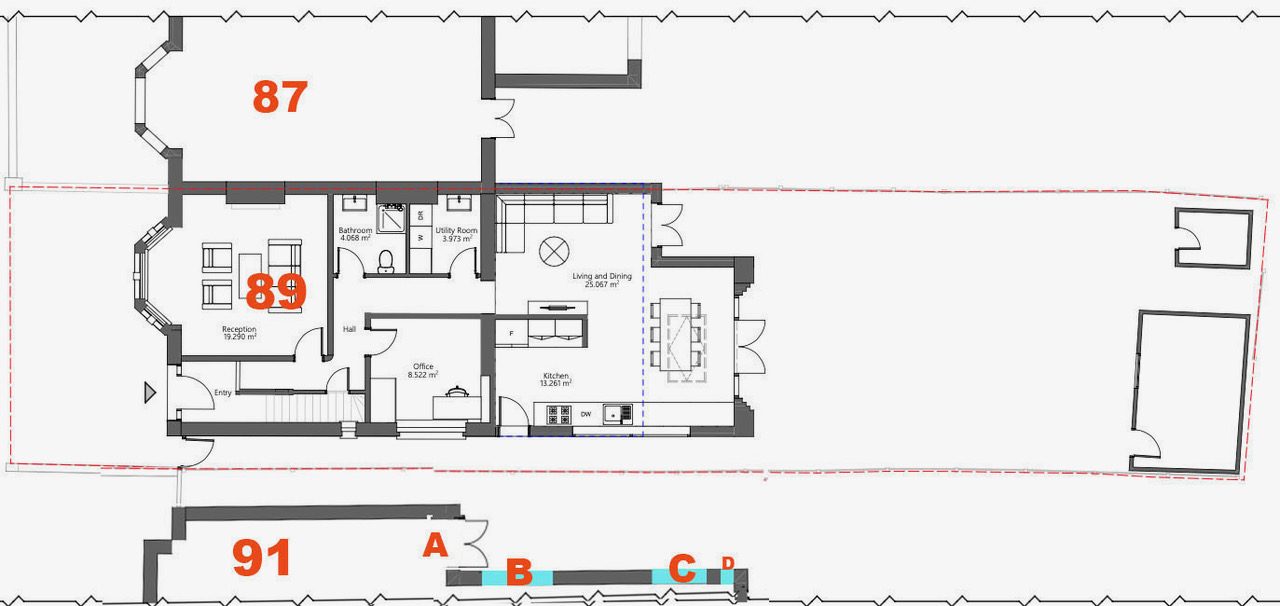 Floor plan showing No. 87, No. 89 and [REDACTED] Lichfield Grove with openings A, B, C and D labelled along the boundary with No. 89
